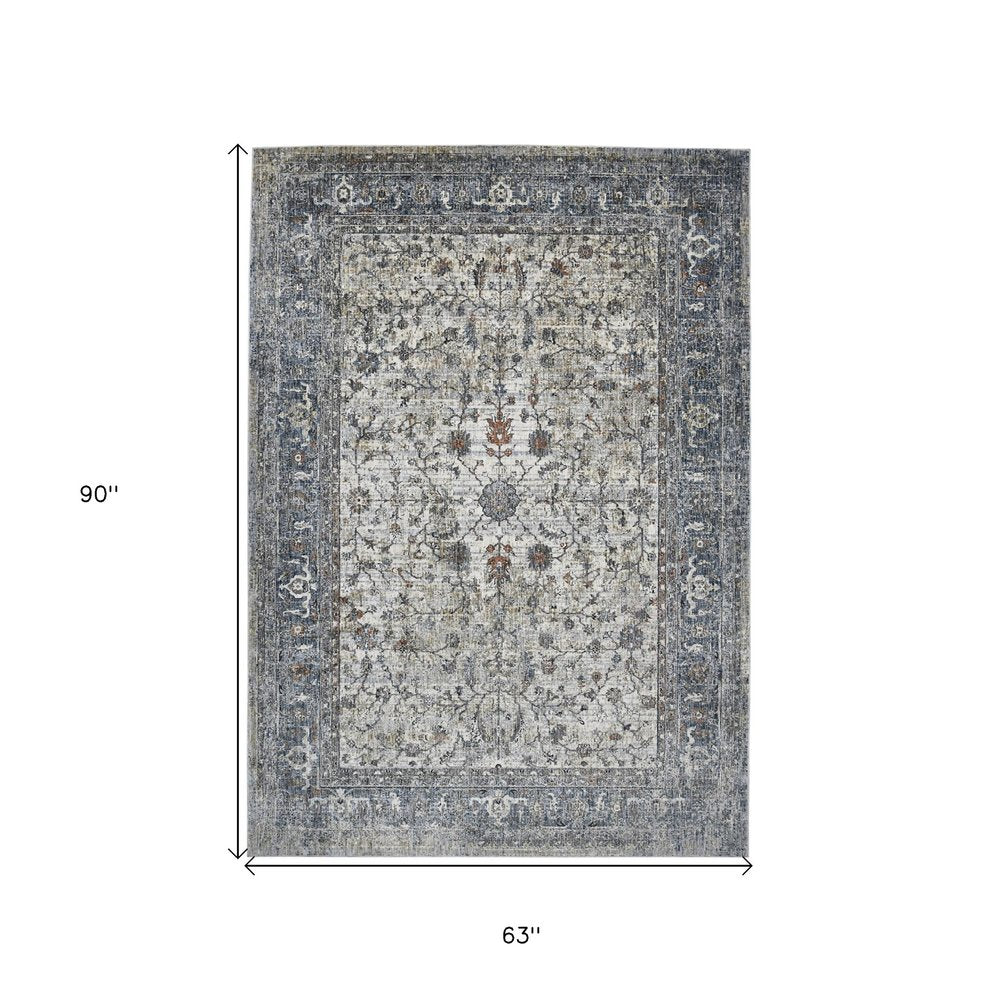 8' Ivory Blue And Gray Oriental Runner Rug