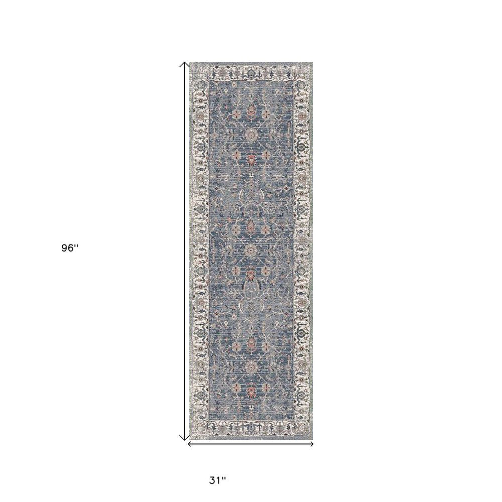 8' Ivory Charcoal And Brick Red Oriental Runner Rug