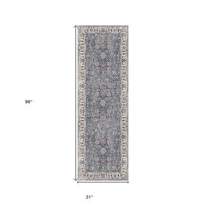 8' Ivory Charcoal And Brick Red Oriental Runner Rug