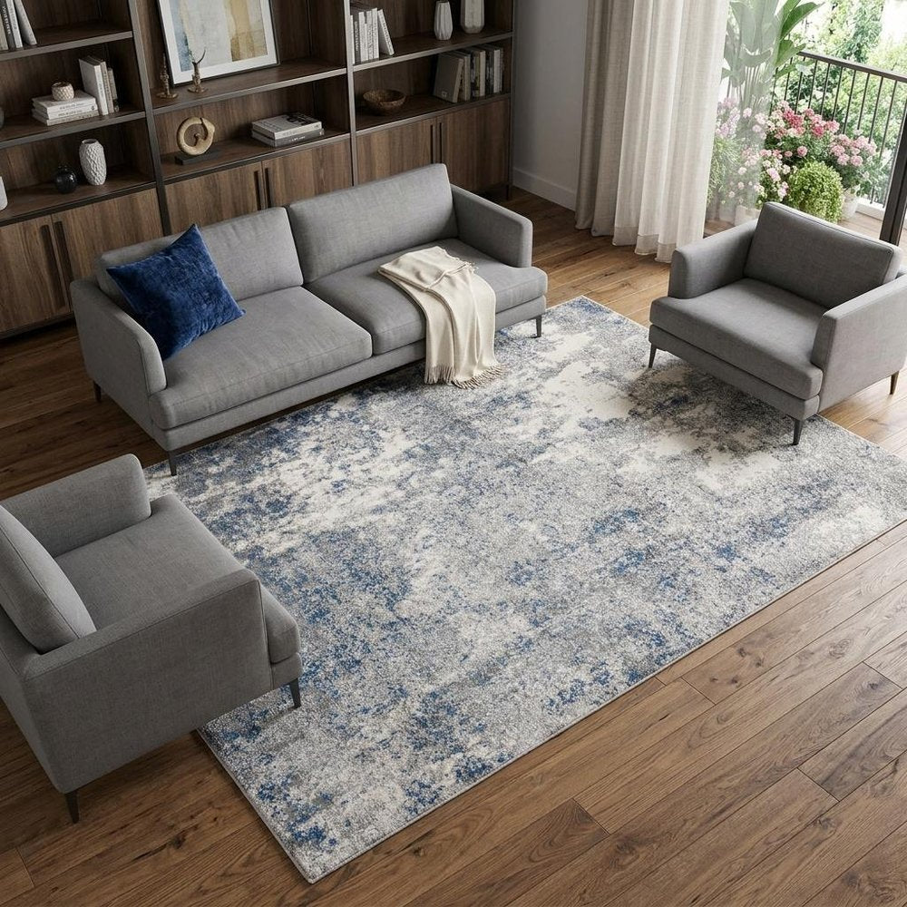 9' X 12' Gray And Light Blue Abstract Area Rug