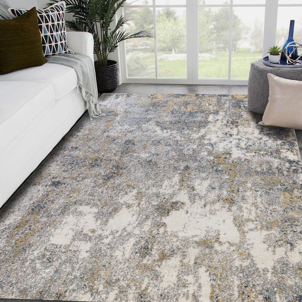 9' X 12' Ivory Blue And Yellow Abstract Area Rug