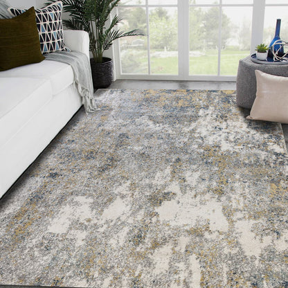 9' X 12' Ivory Blue And Yellow Abstract Area Rug