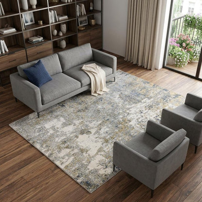9' X 12' Ivory Blue And Yellow Abstract Area Rug
