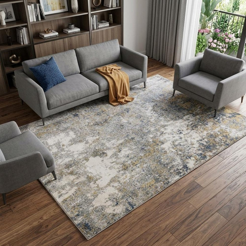 9' X 12' Ivory Blue And Yellow Abstract Area Rug