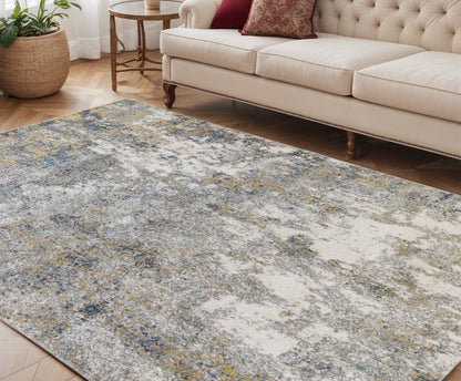 9' X 12' Ivory Blue And Yellow Abstract Area Rug