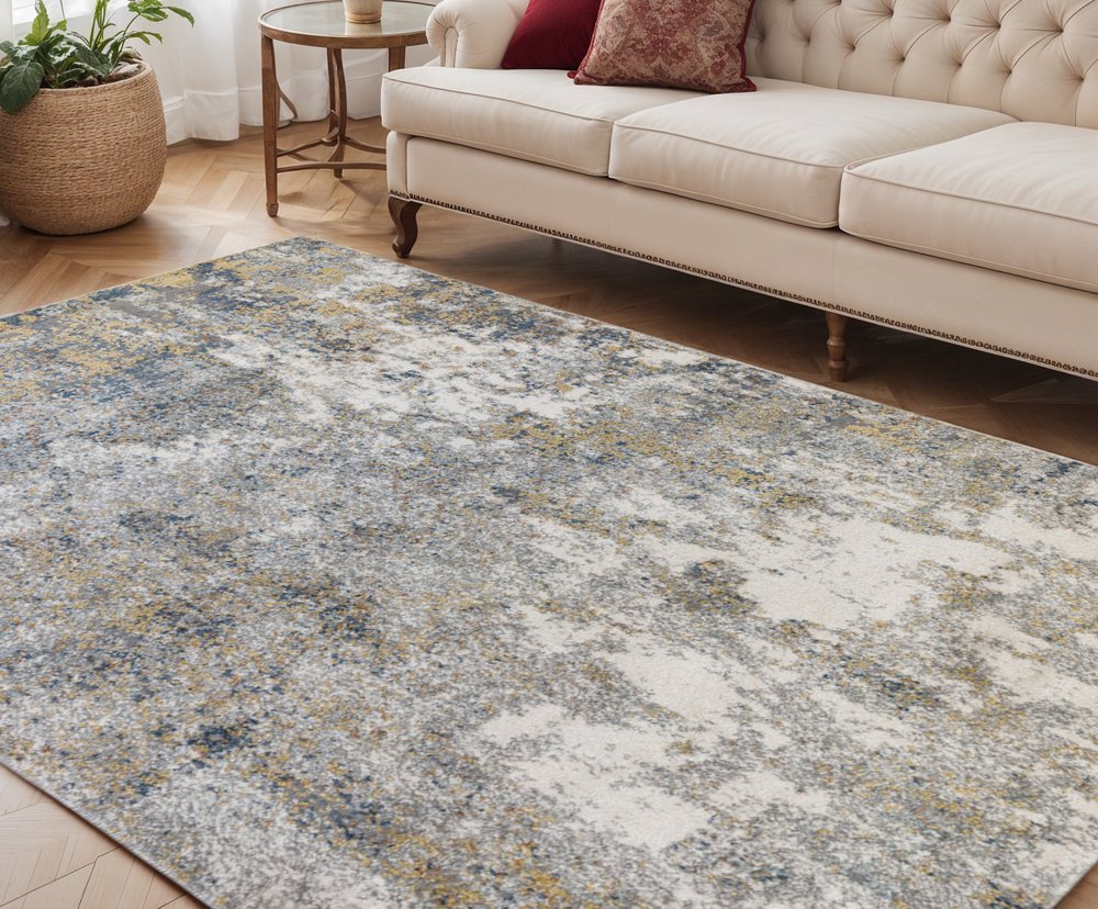 9' X 12' Ivory Blue And Yellow Abstract Area Rug