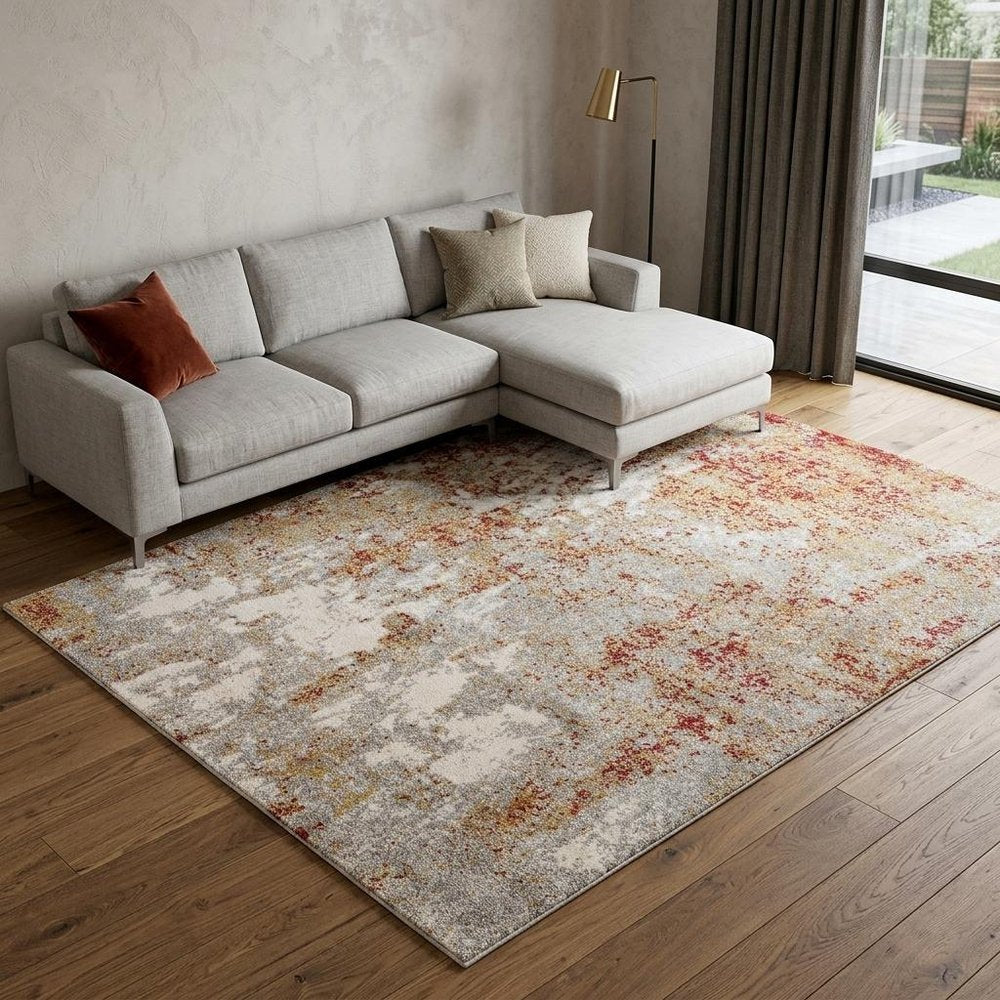 8' X 10' Ivory Red And Gray Abstract Area Rug