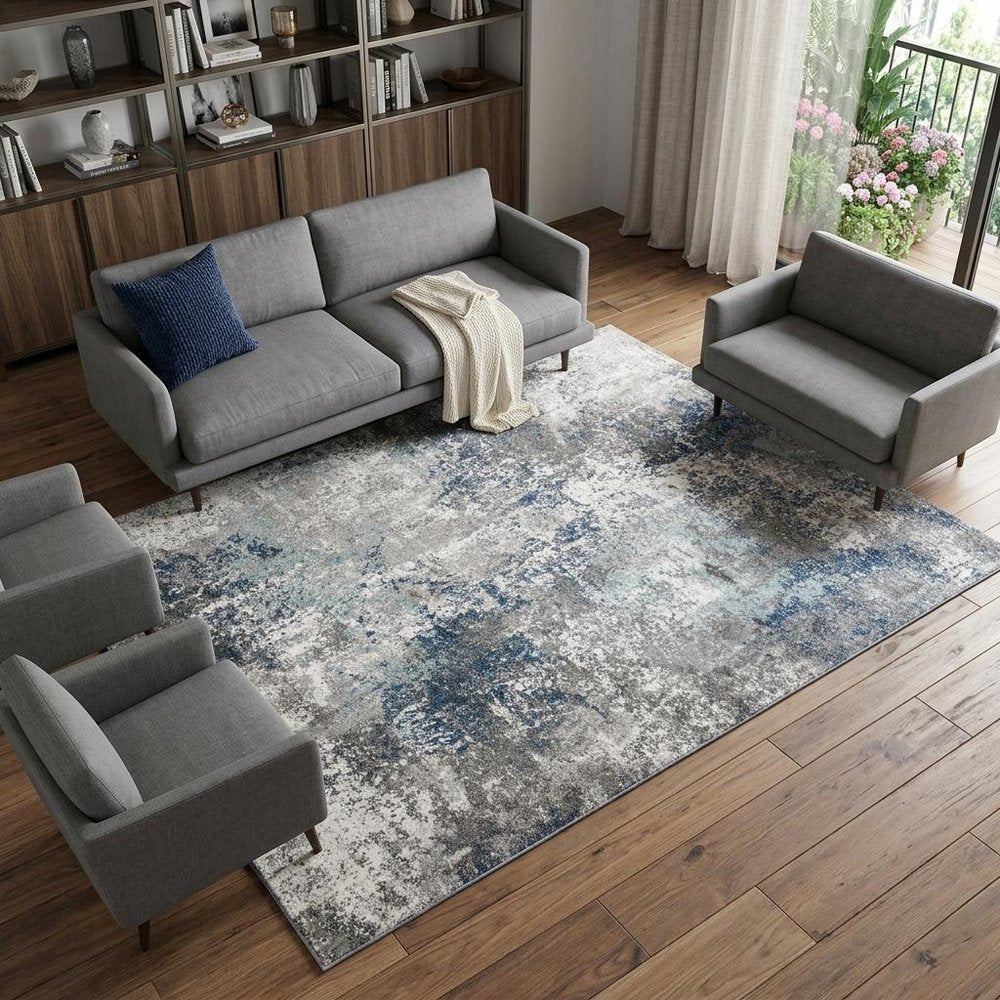 9' X 12' Ivory Blue And Gray Abstract Area Rug