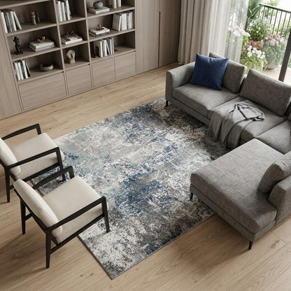 9' X 12' Ivory Blue And Gray Abstract Area Rug