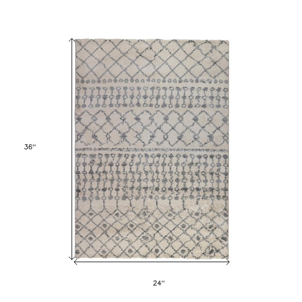 2' X 3' Gray And Ivory Geometric Shag Area Rug