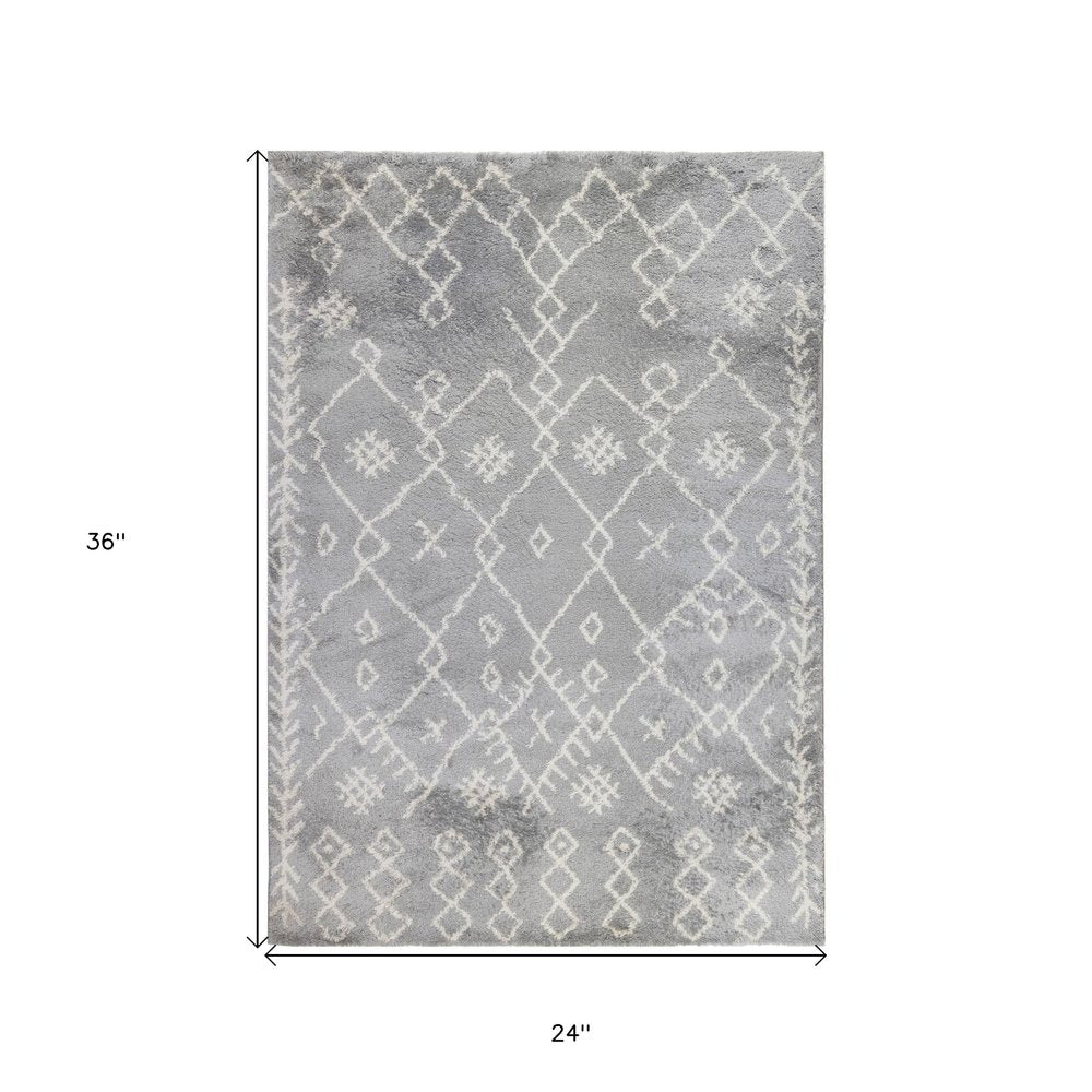 2' X 3' Gray And Ivory Geometric Shag Area Rug