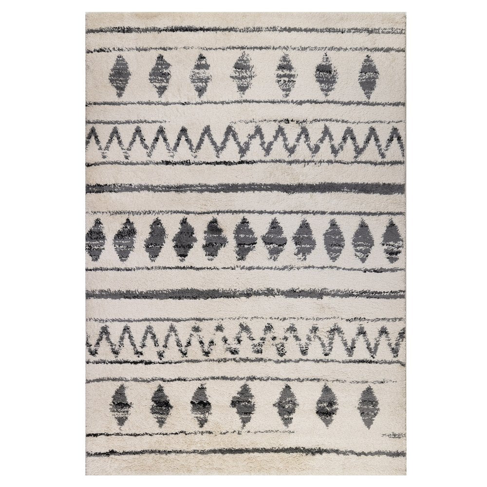 5' X 8' Cream Black And Gray Geometric Shag Area Rug