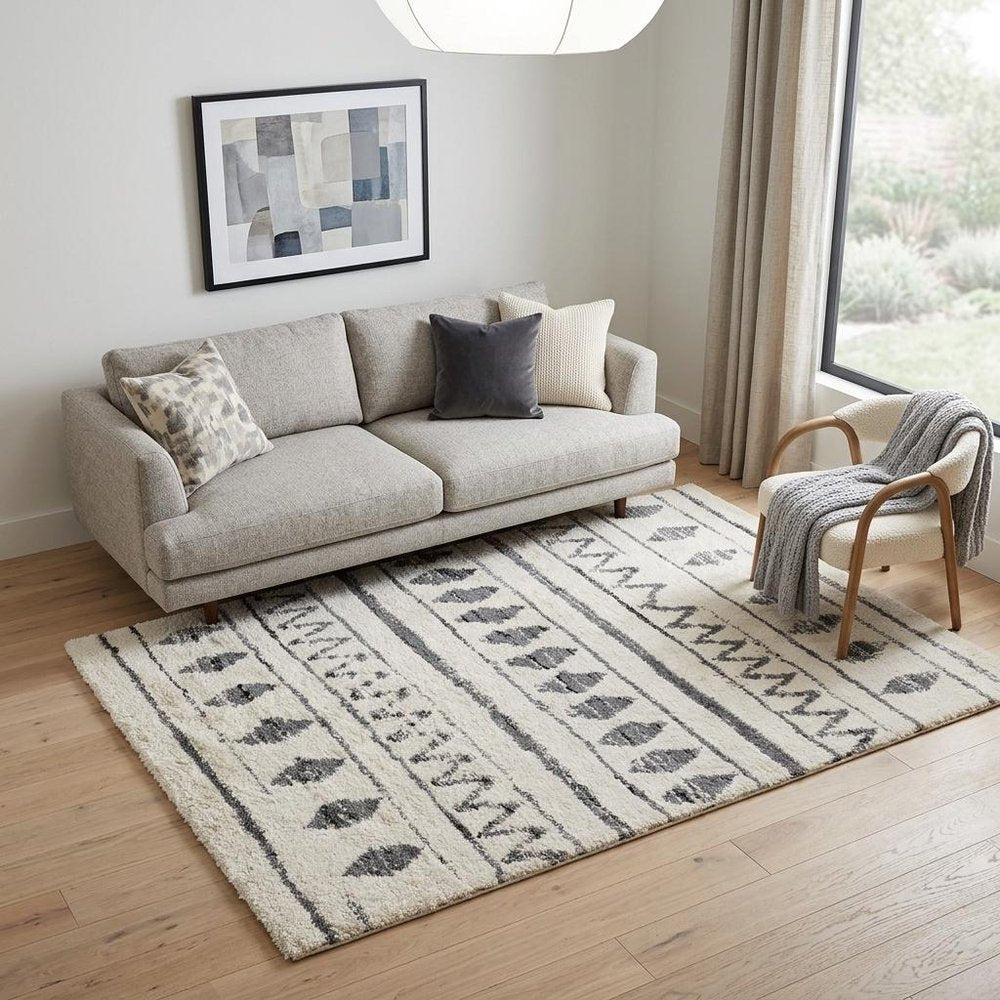 5' X 8' Cream Black And Gray Geometric Shag Area Rug