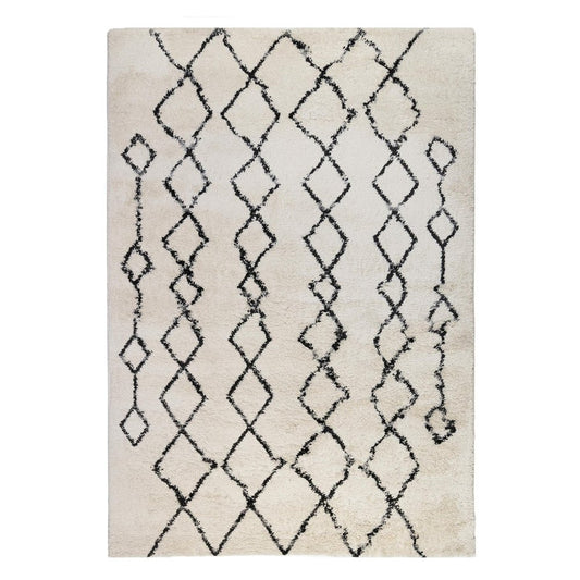 5' X 8' Ivory And Black Geometric Shag Area Rug