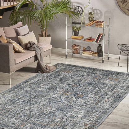 9' X 12' Ivory Gray and Orange Oriental Power Loom Area Rug