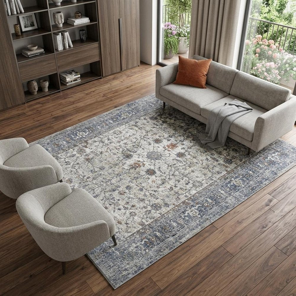 9' X 12' Ivory Blue And Gray Oriental Area Rug
