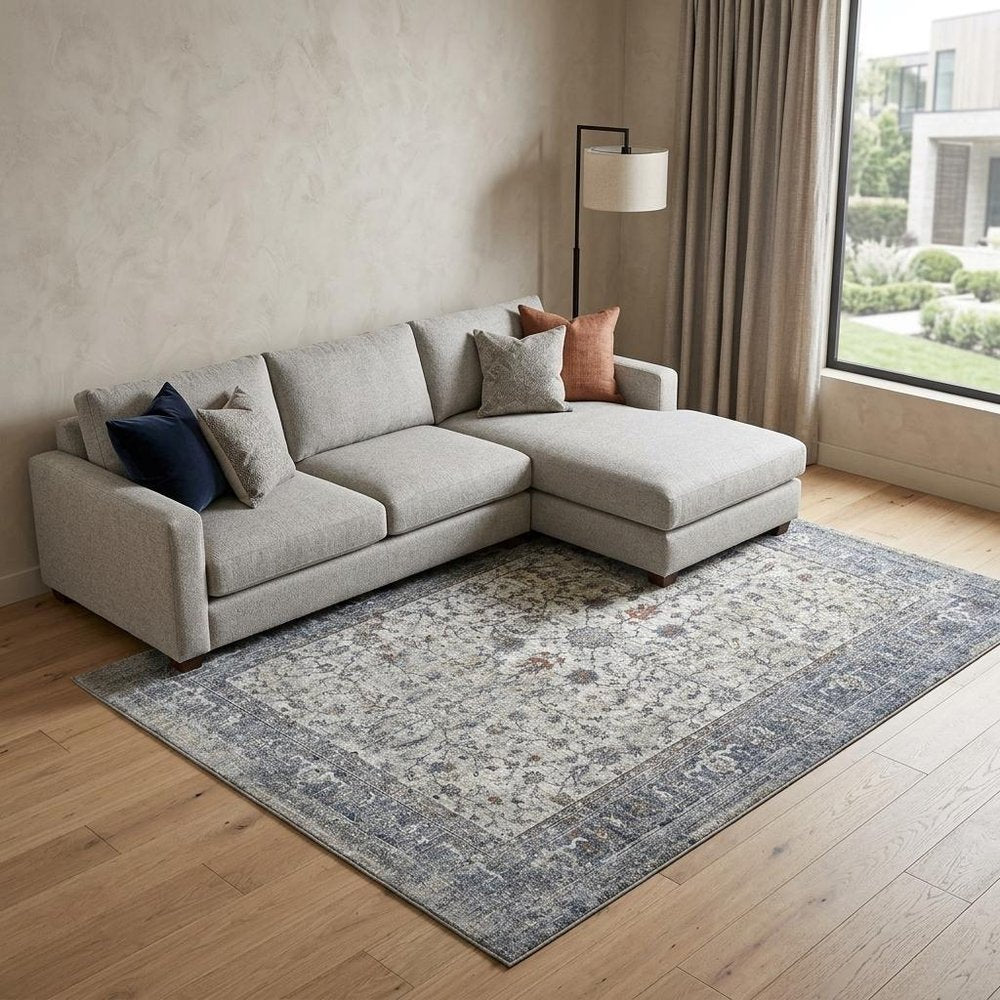 9' X 12' Ivory Blue And Gray Oriental Area Rug