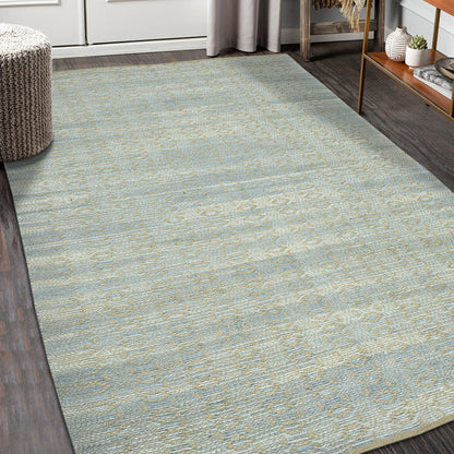 5' X 8' Light Blue and Tan Geometric Flatweave Handmade Area Rug