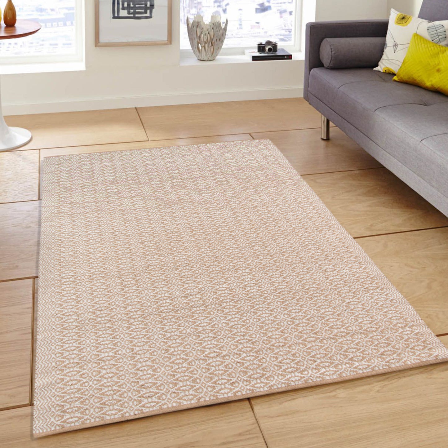 5' X 8' White and Tan Geometric Flatweave Handmade Area Rug