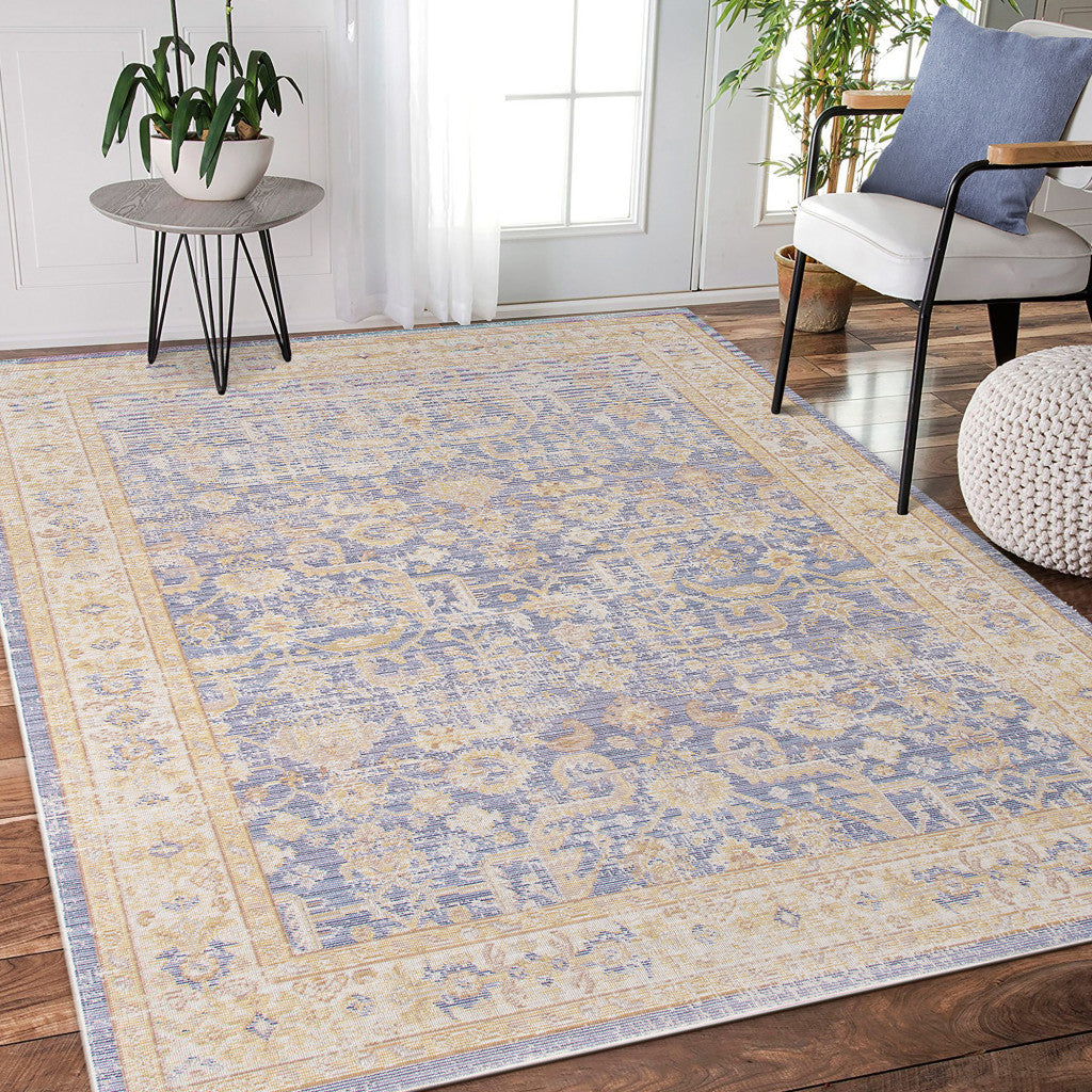 2' X 3' Blue and Yellow Oriental Power Loom Worn Faded Area Rug