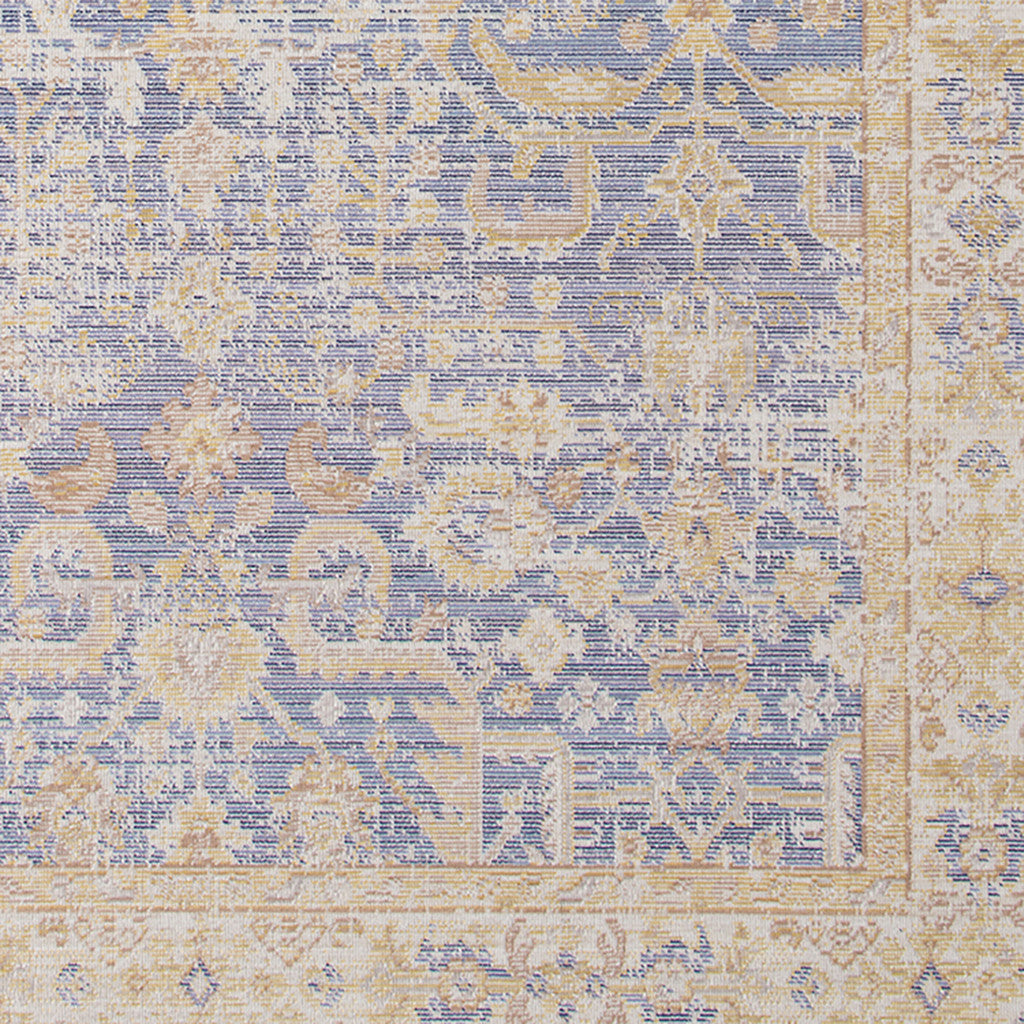 2' X 3' Blue and Yellow Oriental Power Loom Worn Faded Area Rug