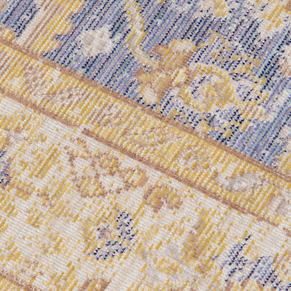 2' X 3' Blue and Yellow Oriental Power Loom Worn Faded Area Rug