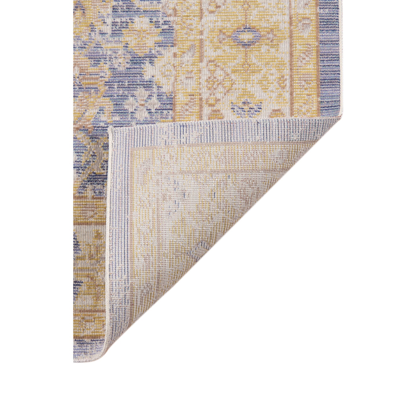 2' X 3' Blue and Yellow Oriental Power Loom Worn Faded Area Rug