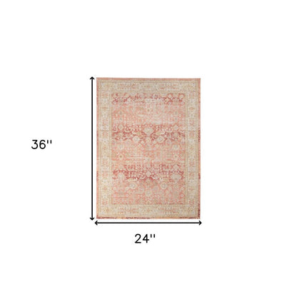 2' X 3' Salmon And Tan Floral Distressed Area Rug