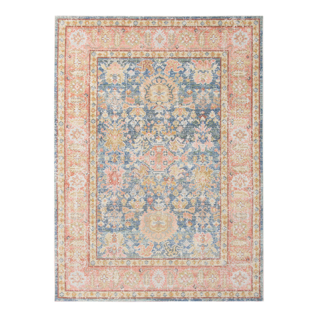 2' X 3' Coral and Blue Oriental Power Loom Worn Faded Area Rug