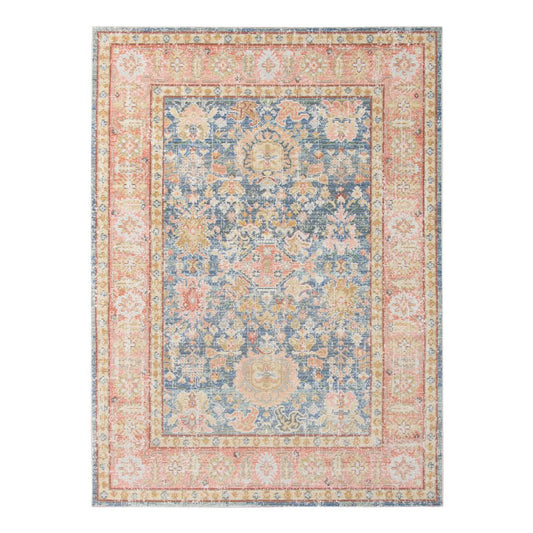 2' X 3' Coral And Blue Oriental Distressed Area Rug