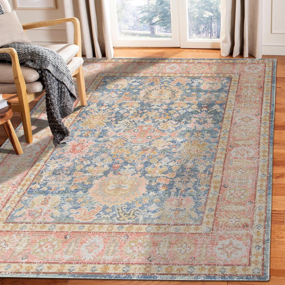 2' X 3' Coral And Blue Oriental Distressed Area Rug