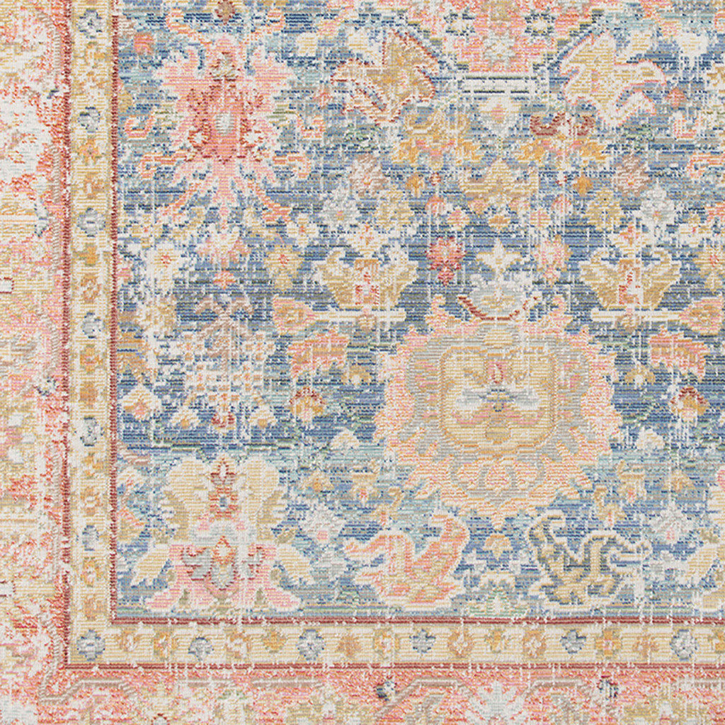 2' X 3' Coral and Blue Oriental Power Loom Worn Faded Area Rug