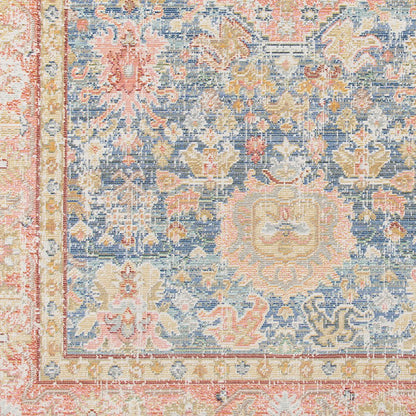 2' X 3' Coral And Blue Oriental Distressed Area Rug