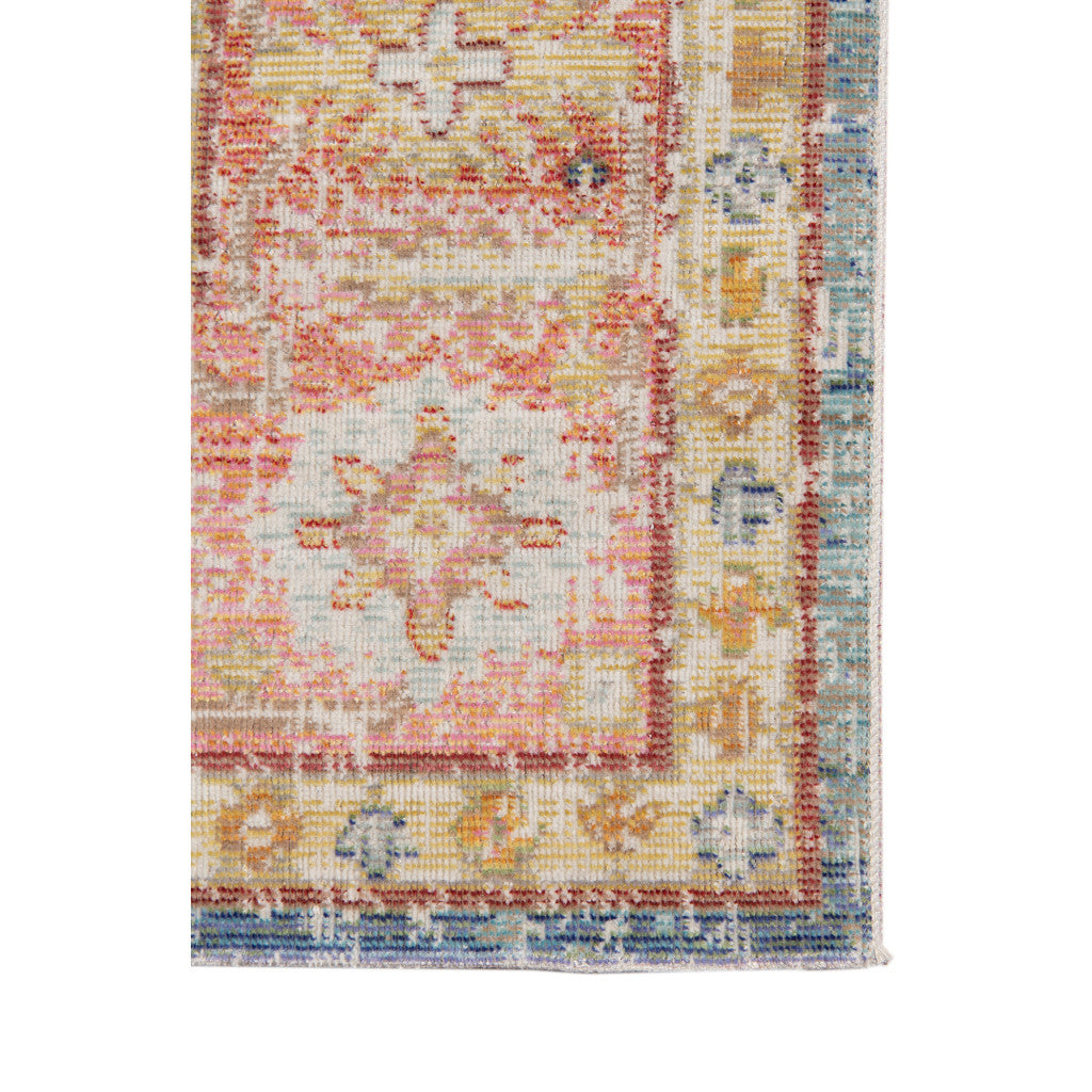 2' X 3' Coral and Blue Oriental Power Loom Worn Faded Area Rug