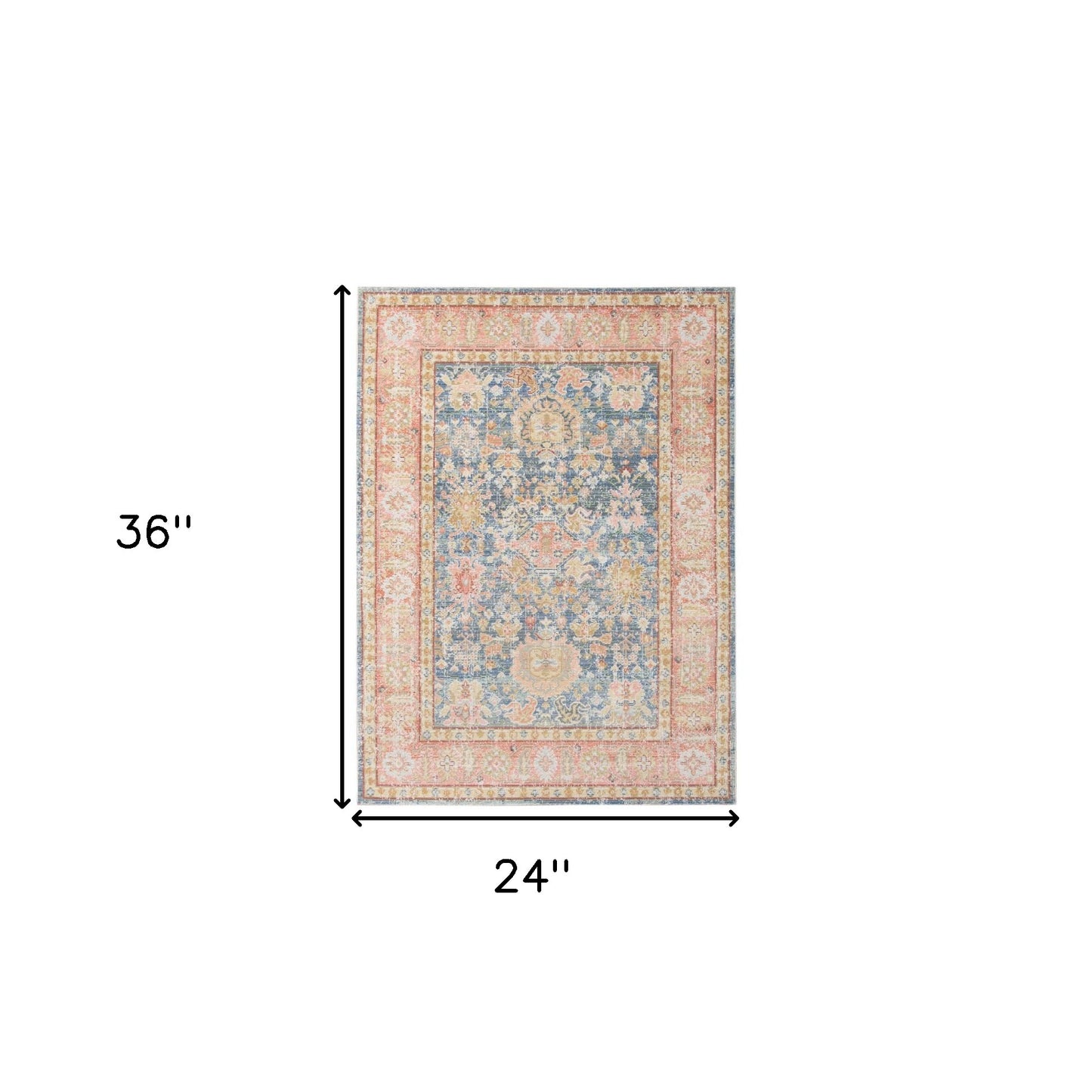 2' X 3' Coral and Blue Oriental Power Loom Worn Faded Area Rug