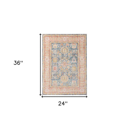 2' X 3' Coral and Blue Oriental Power Loom Worn Faded Area Rug