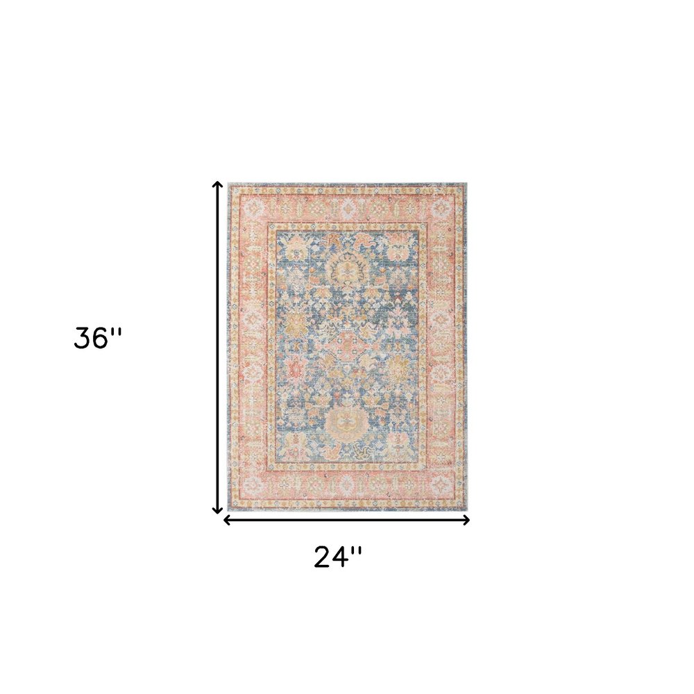 2' X 3' Coral And Blue Oriental Distressed Area Rug
