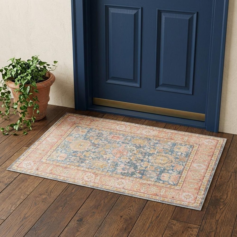 2' X 3' Coral And Blue Oriental Distressed Area Rug