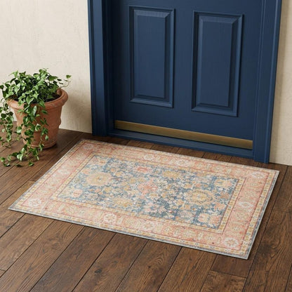 2' X 3' Coral And Blue Oriental Distressed Area Rug
