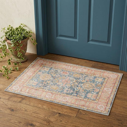 2' X 3' Coral And Blue Oriental Distressed Area Rug