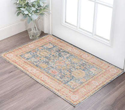 2' X 3' Coral And Blue Oriental Distressed Area Rug