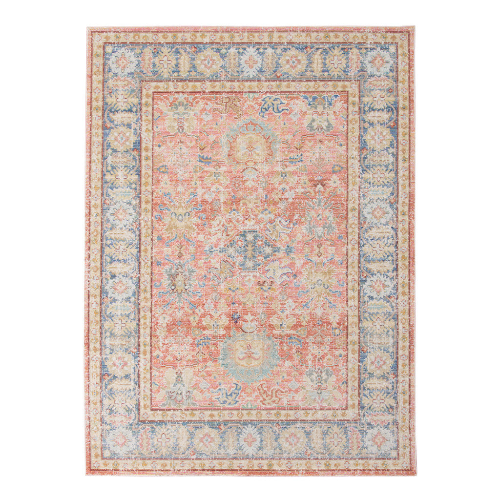 2' X 3' Coral and Blue Oriental Power Loom Worn Faded Area Rug