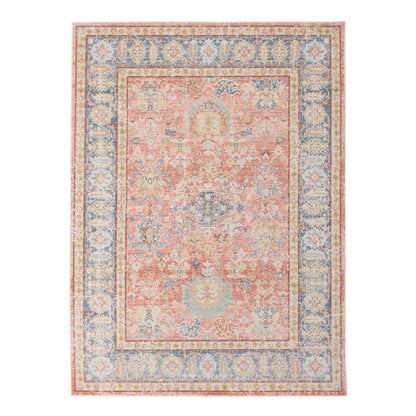 2' X 3' Coral and Blue Oriental Power Loom Worn Faded Area Rug