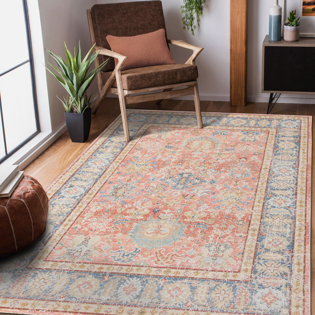 2' X 3' Coral and Blue Oriental Power Loom Worn Faded Area Rug