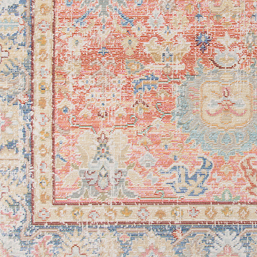 2' X 3' Coral and Blue Oriental Power Loom Worn Faded Area Rug