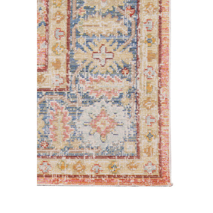 2' X 3' Coral and Blue Oriental Power Loom Worn Faded Area Rug