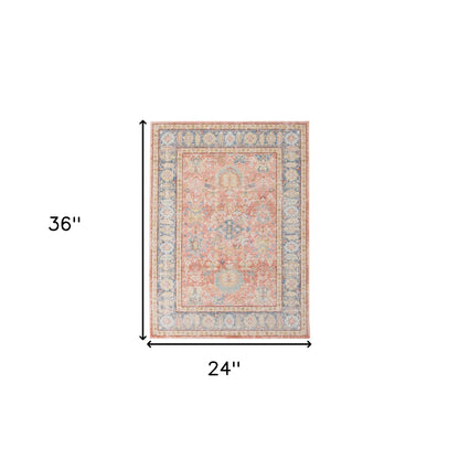 2' X 3' Coral and Blue Oriental Power Loom Worn Faded Area Rug