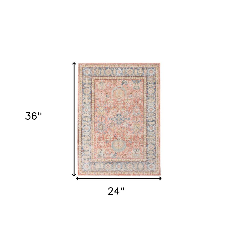 2' X 3' Coral And Blue Oriental Distressed Area Rug