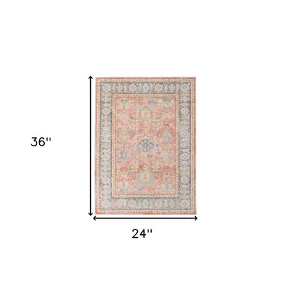 2' X 3' Coral And Blue Oriental Distressed Area Rug