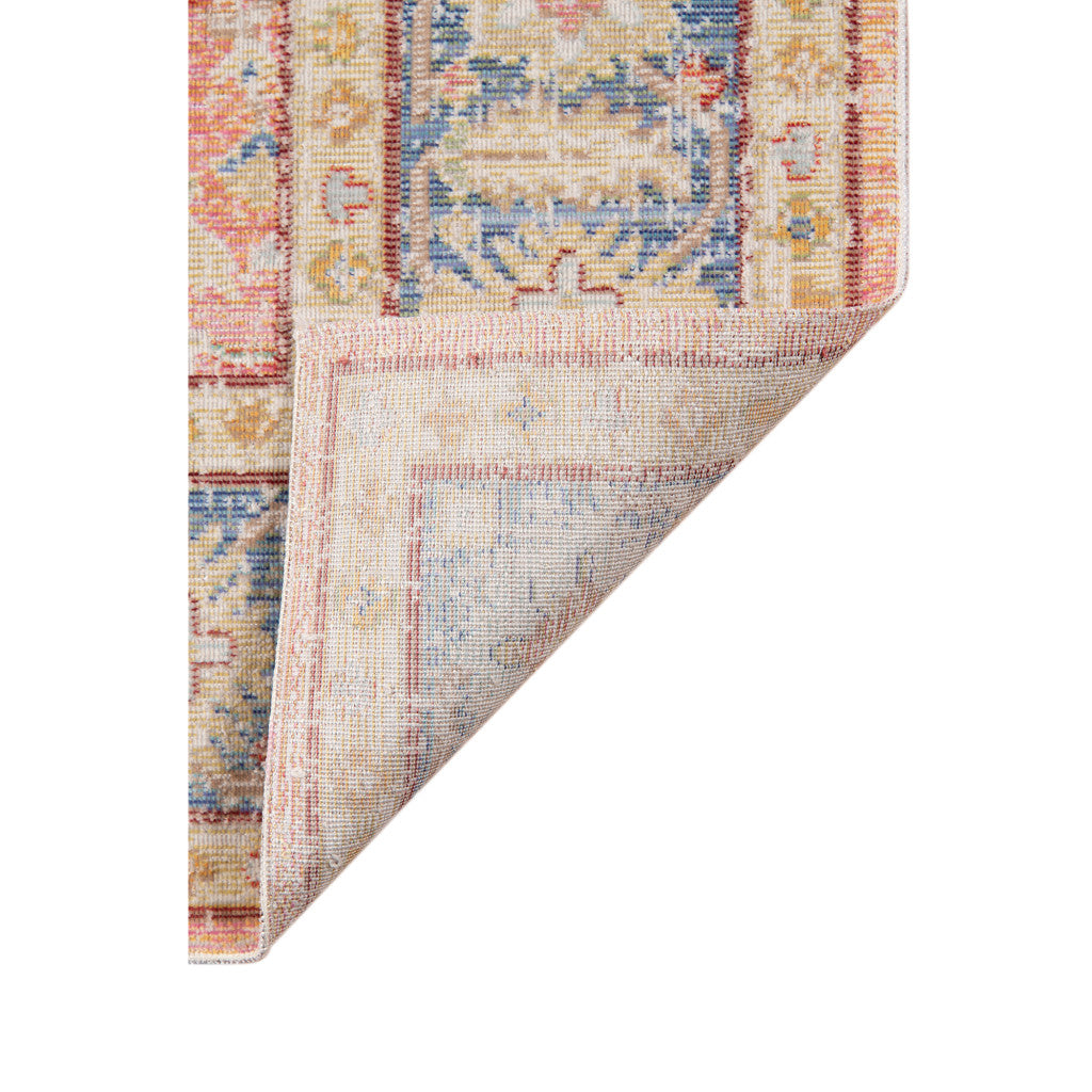 2' X 3' Coral and Blue Oriental Power Loom Worn Faded Area Rug